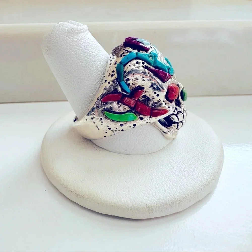 Handmade Sterling Silver & Multi Stone Inlay Skull/Biker/Rocker Ring Size 9.5 - Picture 2 of 7